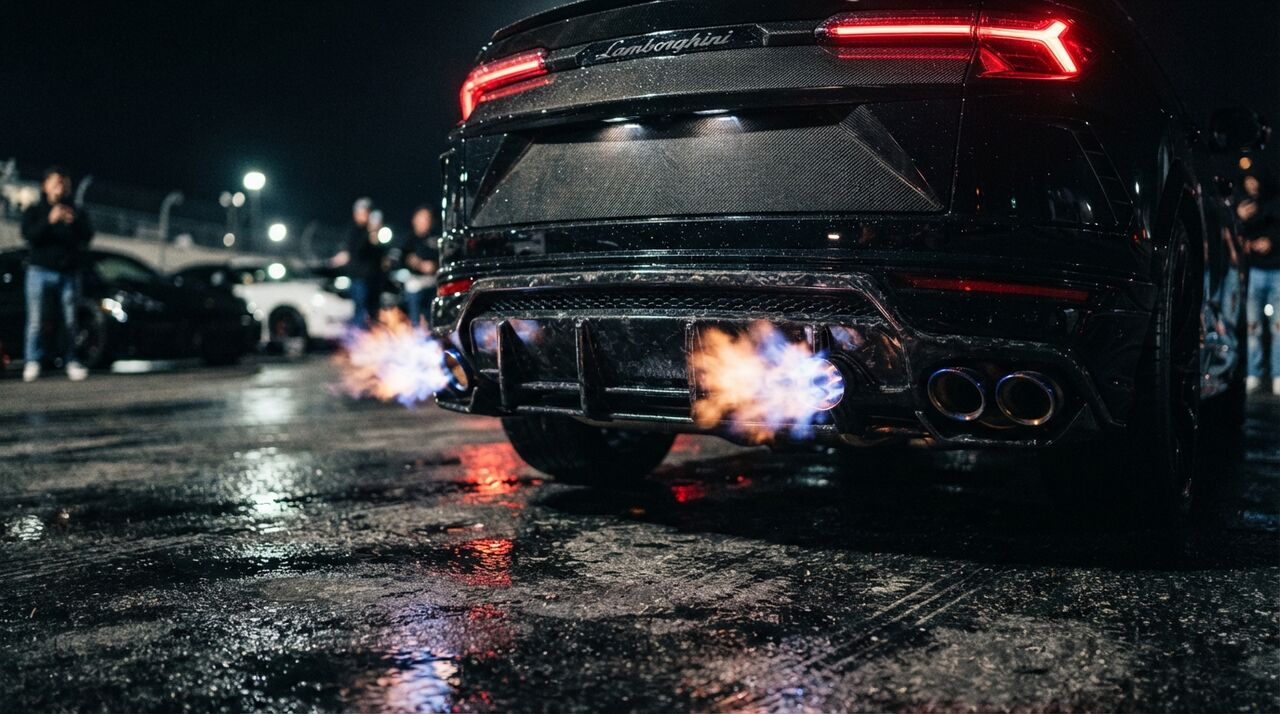 Escapamentos de um Lamborghini Urus escuro soltando chamas à noite